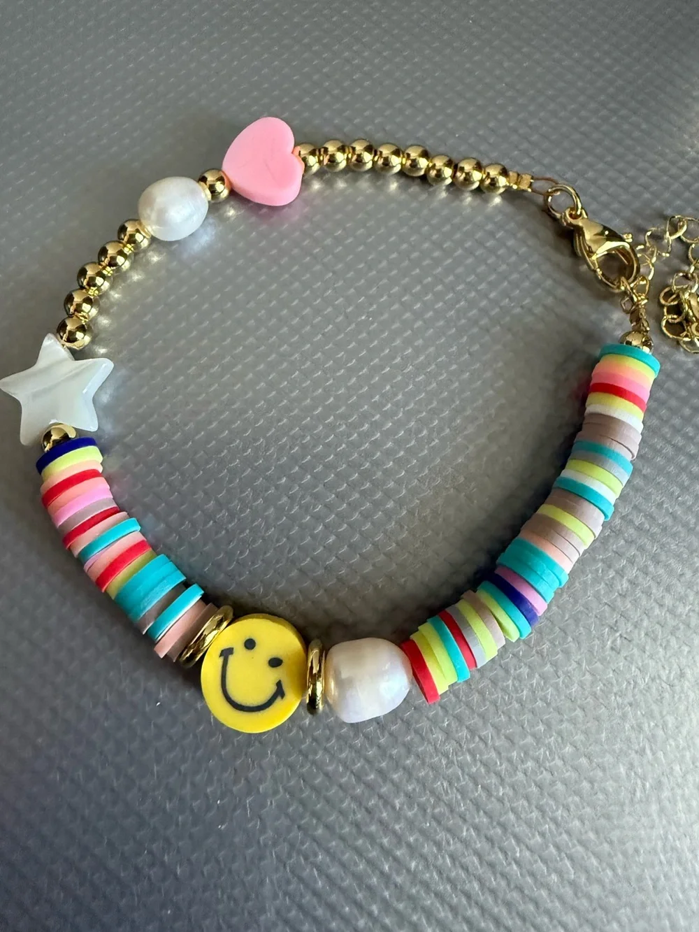 Kids Colorful Smiley Bead Bracelet with Pink Heart